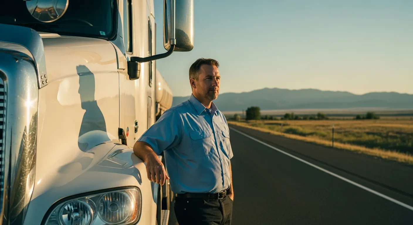 A commercial truck driver standing beside his semi truck