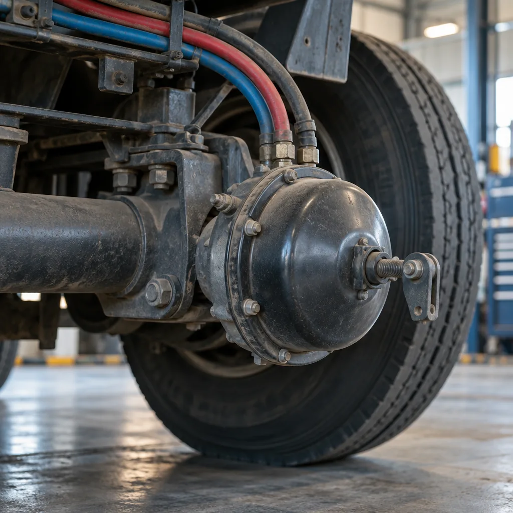 Decorative illustration of an air brake system and gauges on a commercial truck