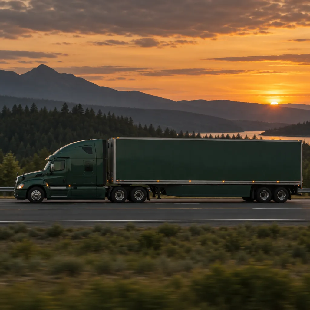Decorative illustration of a tractor-trailer combination vehicle on a highway
