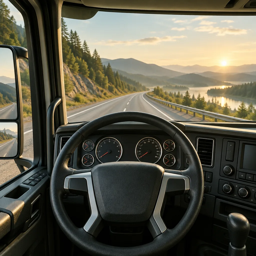 Decorative illustration of a driver walking around a truck during a general vehicle inspection