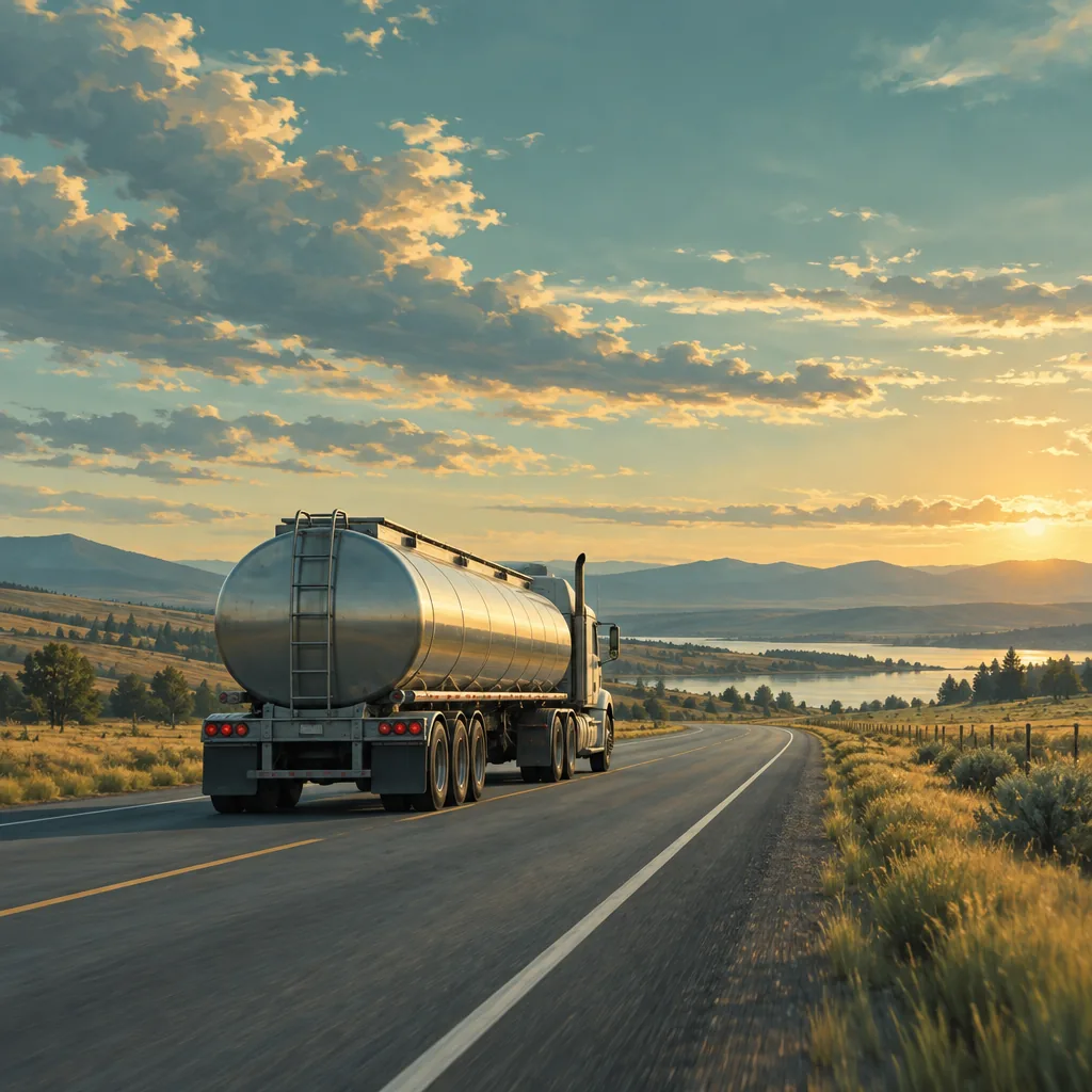 Decorative illustration of a tanker truck hauling liquid cargo