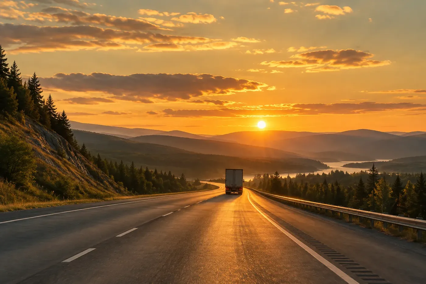 Decorative illustration of a highway with a commercial truck at sunrise