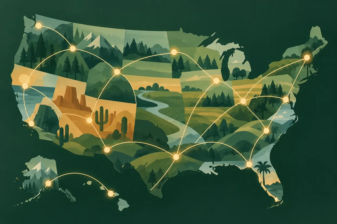 Decorative illustration of a stylized United States road-trip map