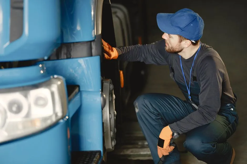 A mechanic inspecting a commercial truck's wheel and brake components in a garage
